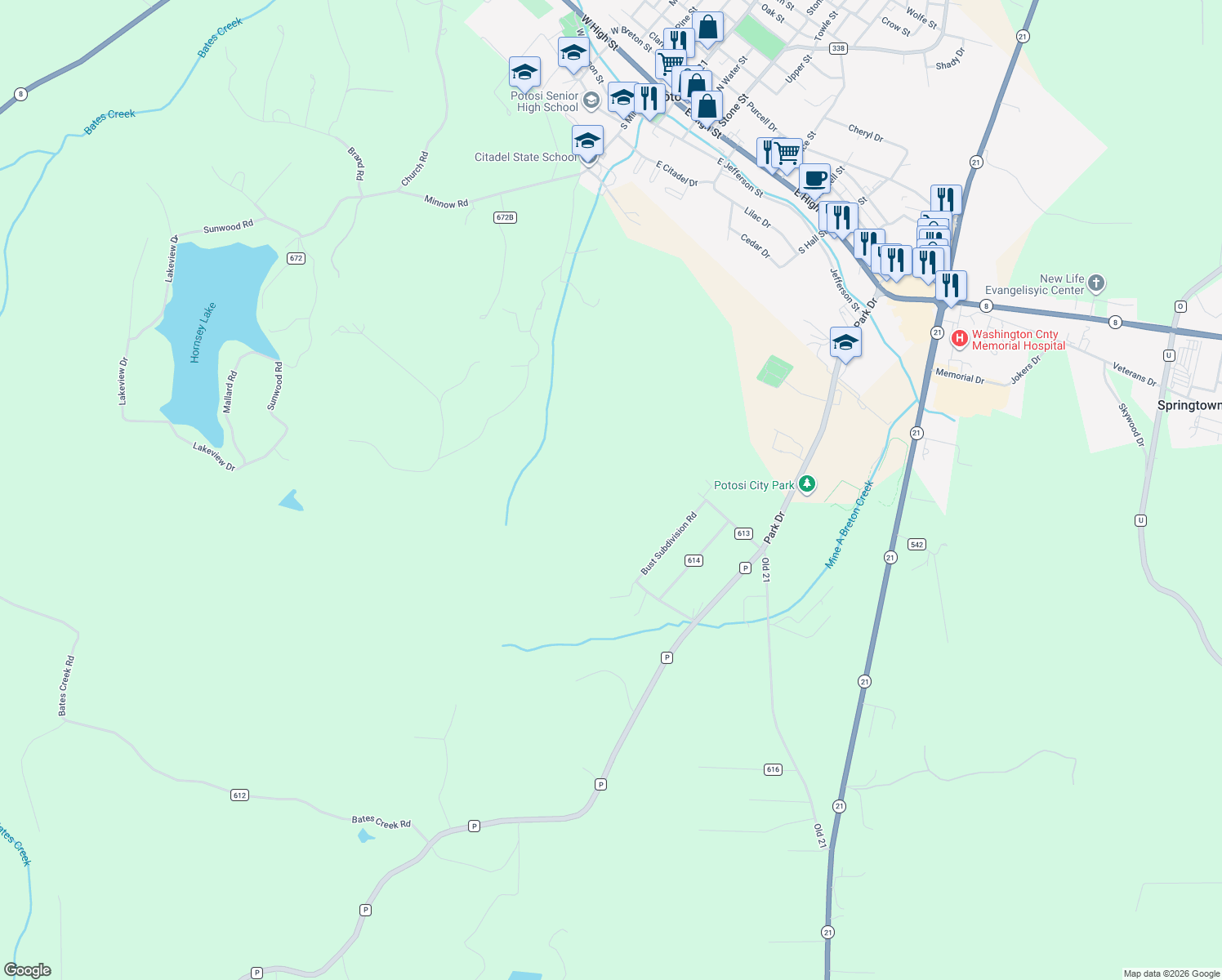 map of restaurants, bars, coffee shops, grocery stores, and more near in Potosi