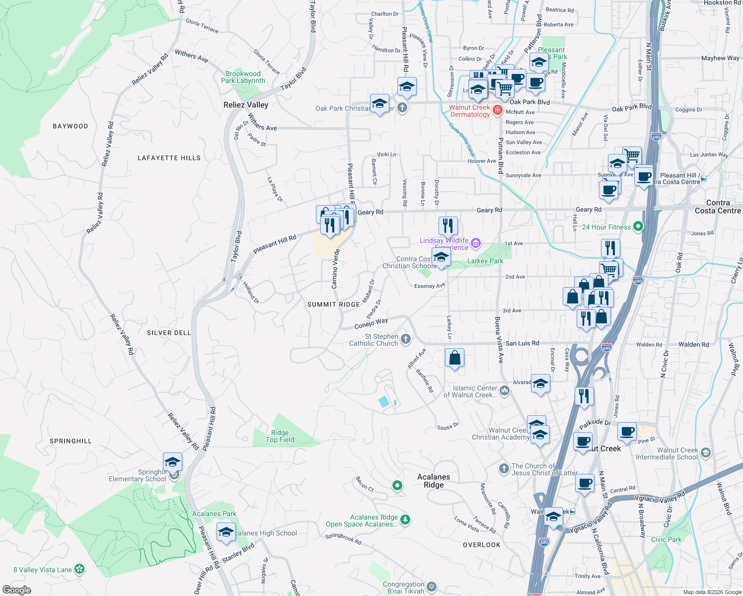 map of restaurants, bars, coffee shops, grocery stores, and more near 2421 Mallard Drive in Walnut Creek