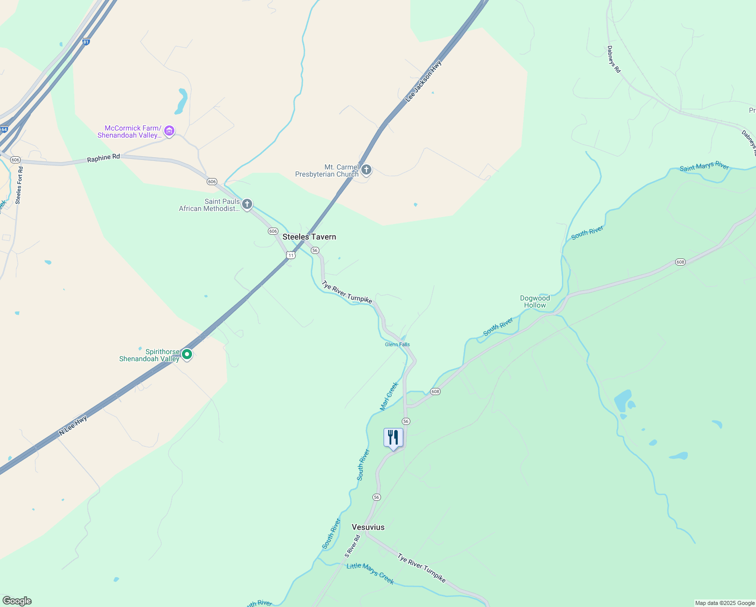 map of restaurants, bars, coffee shops, grocery stores, and more near 161 Tye River Turnpike in Vesuvius