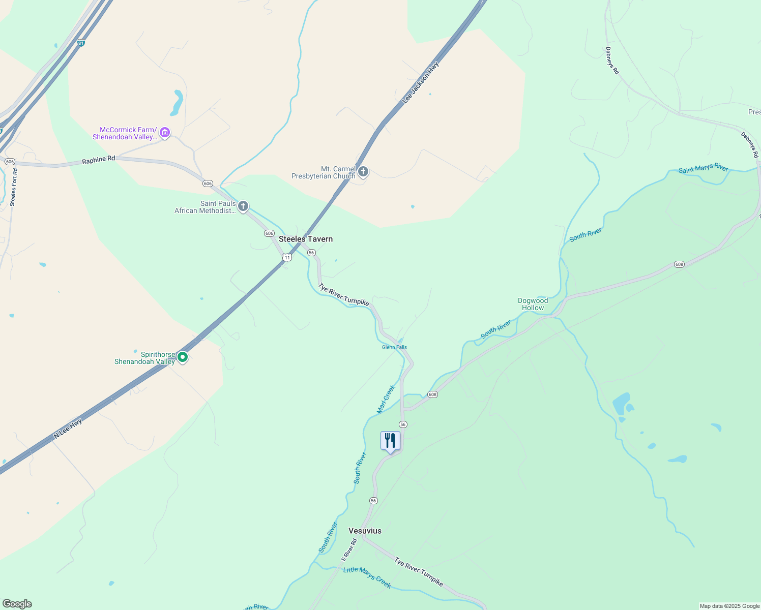 map of restaurants, bars, coffee shops, grocery stores, and more near 161 Tye River Turnpike in Vesuvius