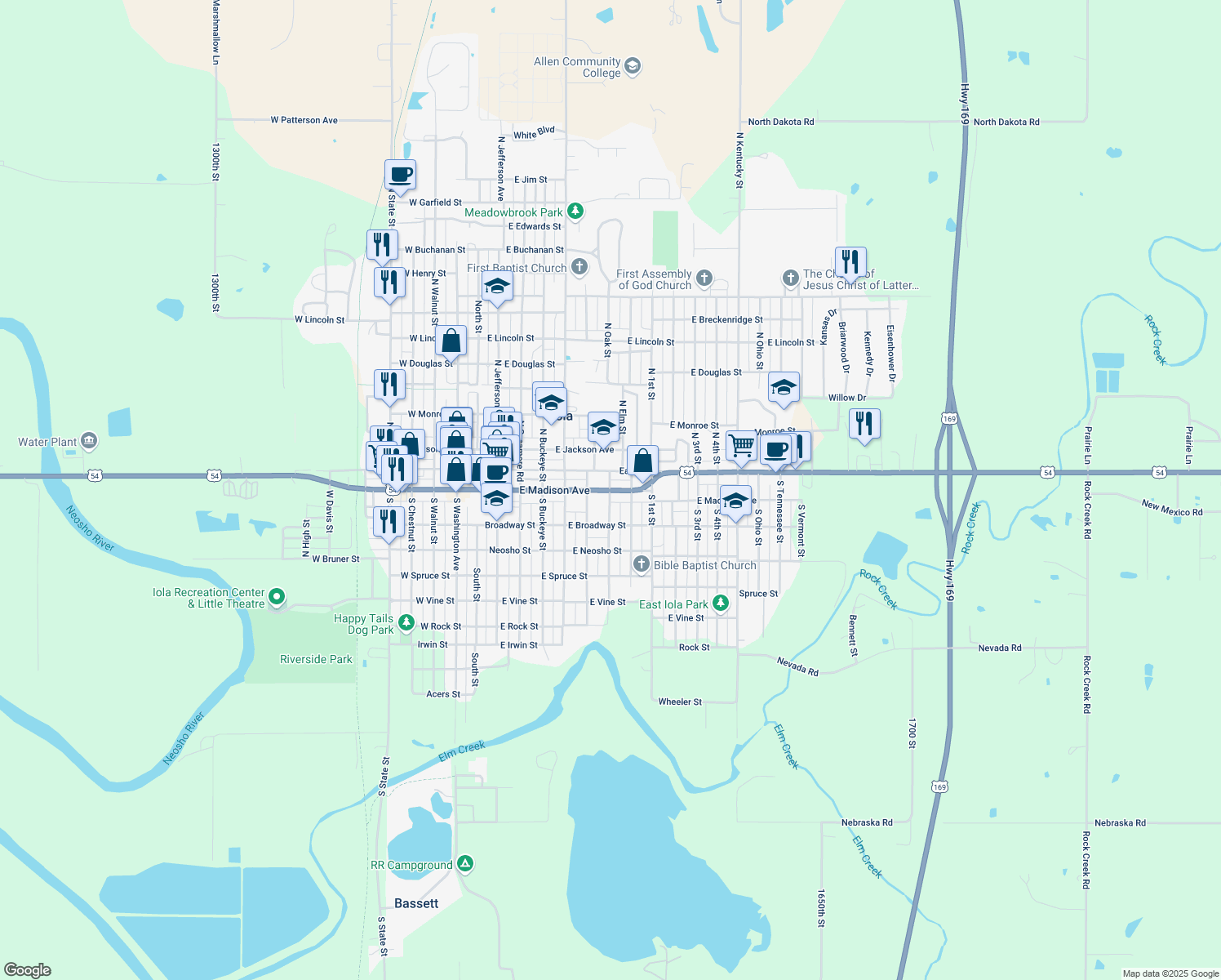 map of restaurants, bars, coffee shops, grocery stores, and more near 698 East Madison Avenue in Iola