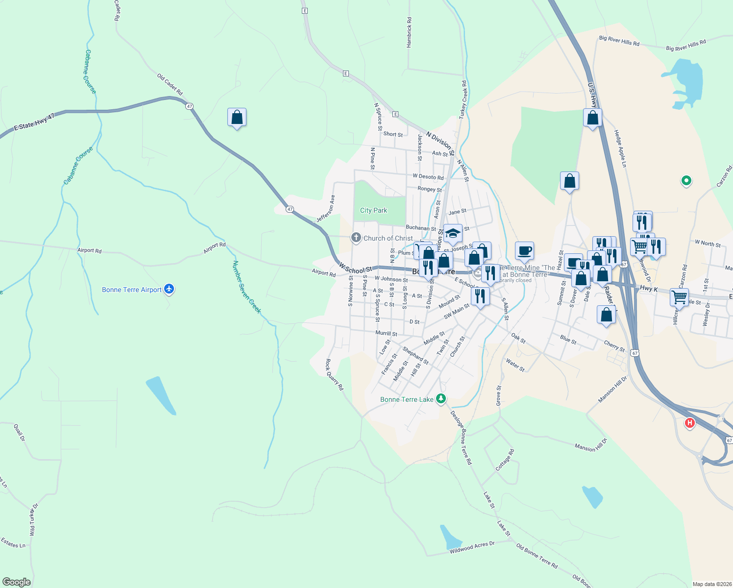 map of restaurants, bars, coffee shops, grocery stores, and more near 206 South Pine Street in Bonne Terre