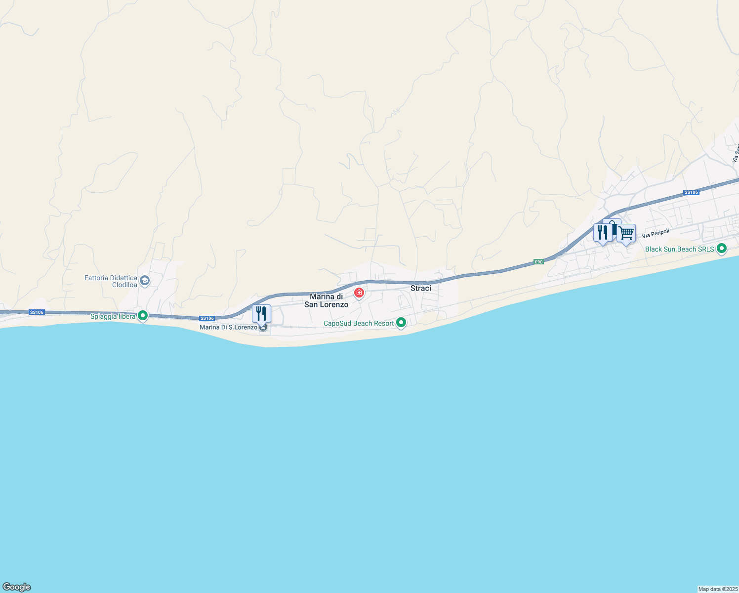 map of restaurants, bars, coffee shops, grocery stores, and more near 2B Via II Giugno in Marina di San Lorenzo