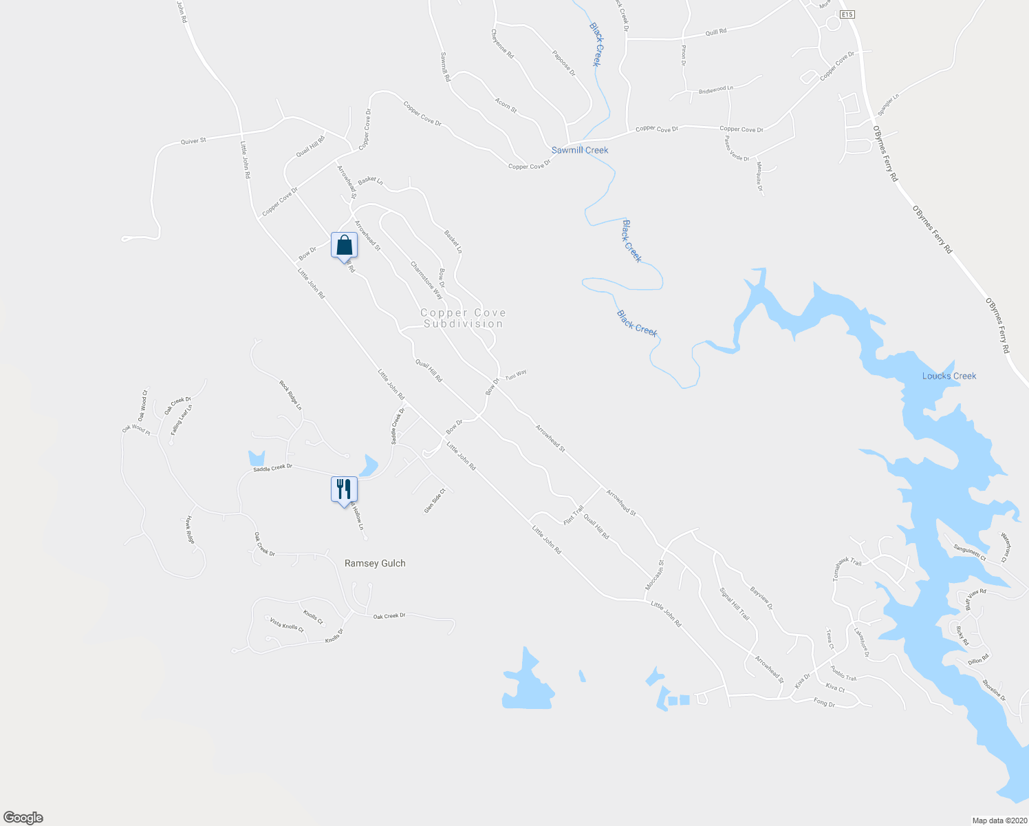 map of restaurants, bars, coffee shops, grocery stores, and more near 2872 Arrowhead Street in Copperopolis
