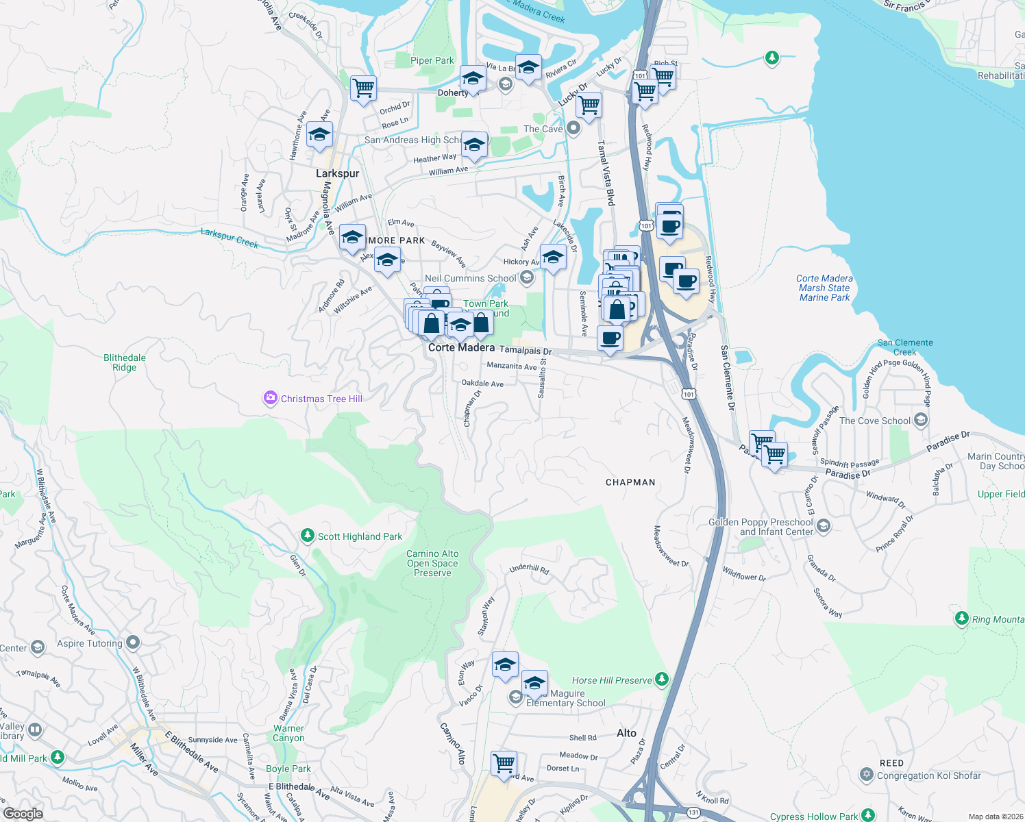 map of restaurants, bars, coffee shops, grocery stores, and more near 502 Chapman Drive in Corte Madera