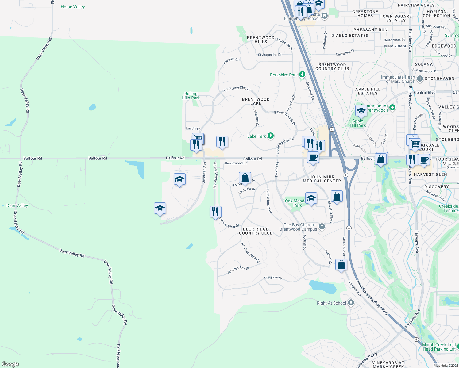 map of restaurants, bars, coffee shops, grocery stores, and more near 2637 Torrey Pines Drive in Brentwood