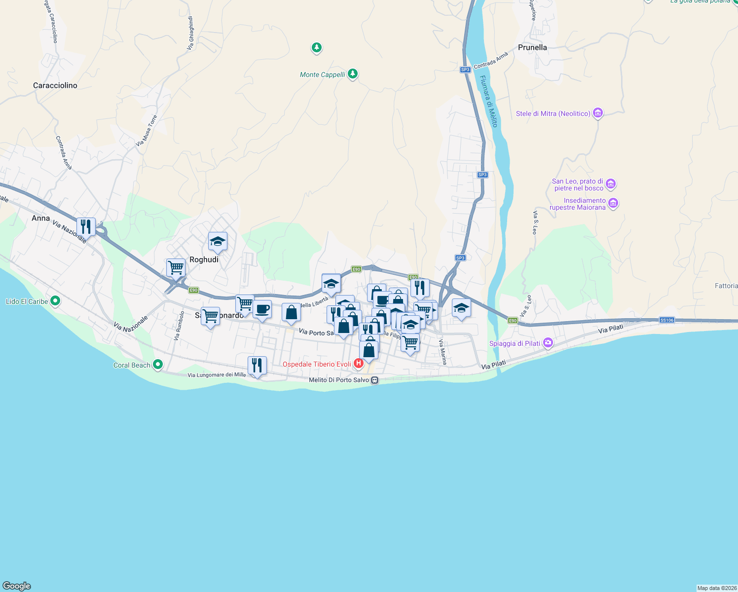 map of restaurants, bars, coffee shops, grocery stores, and more near 30 Via Stadio in Melito di Porto Salvo