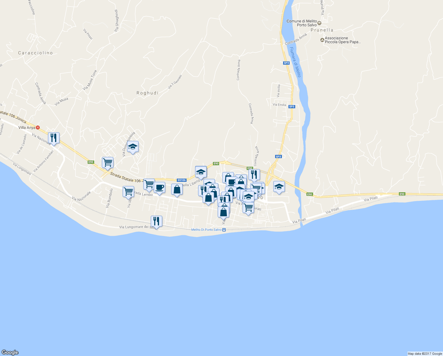 map of restaurants, bars, coffee shops, grocery stores, and more near 30 Via Stadio in Melito di Porto Salvo