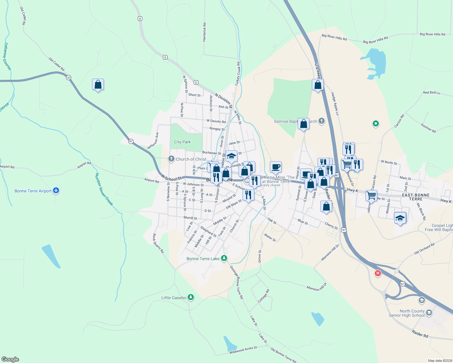 map of restaurants, bars, coffee shops, grocery stores, and more near 2 E School St in Bonne Terre