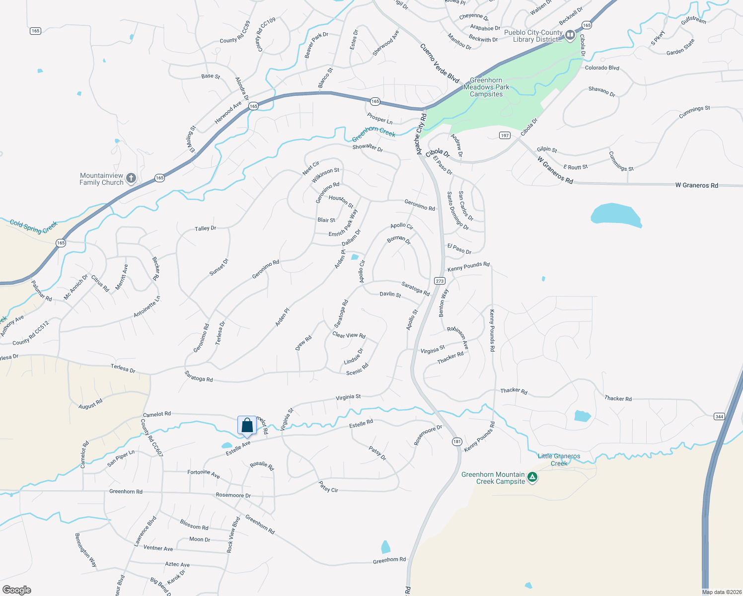 map of restaurants, bars, coffee shops, grocery stores, and more near Davlin Street in Pueblo