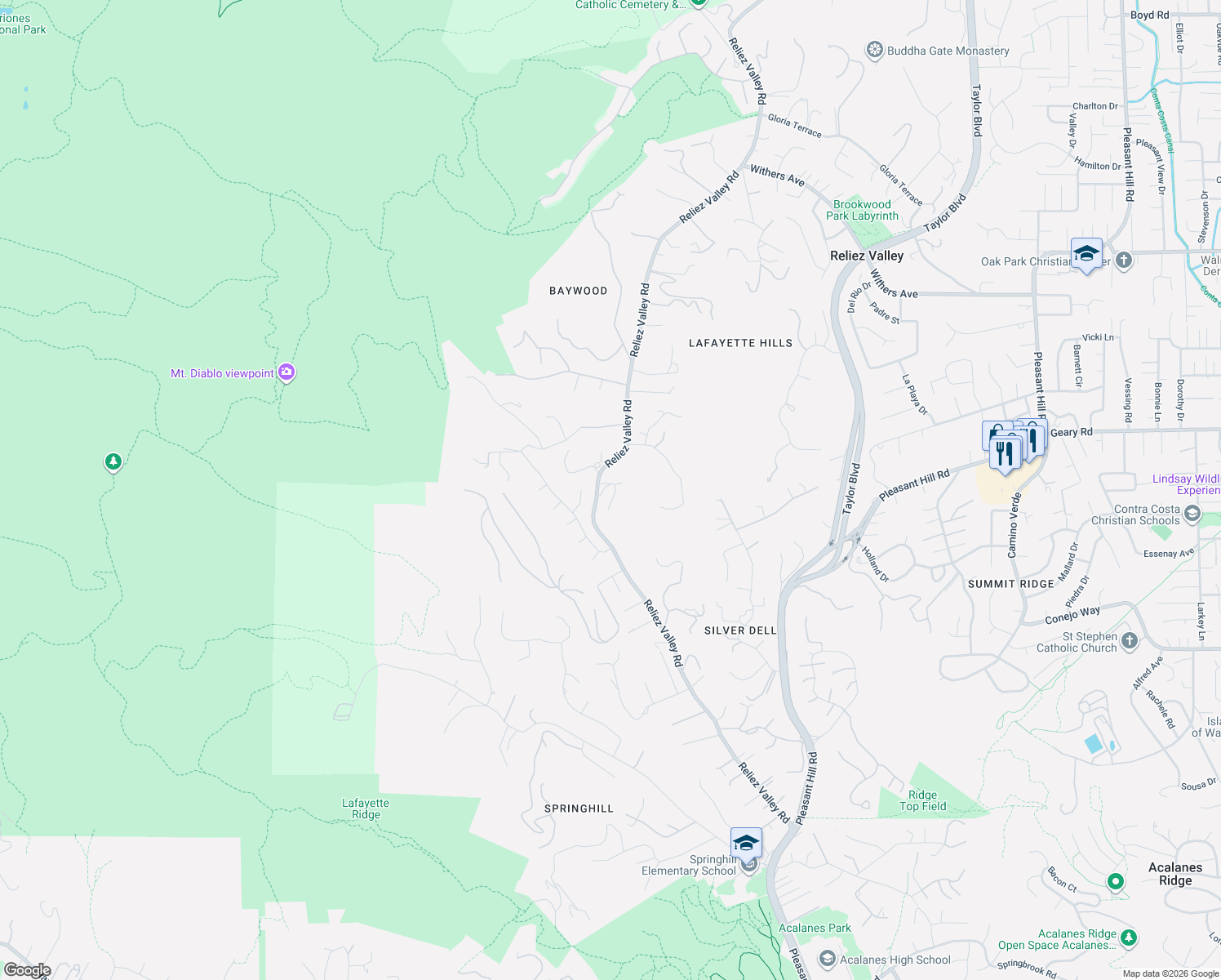 map of restaurants, bars, coffee shops, grocery stores, and more near 8 Gable Lane in Lafayette