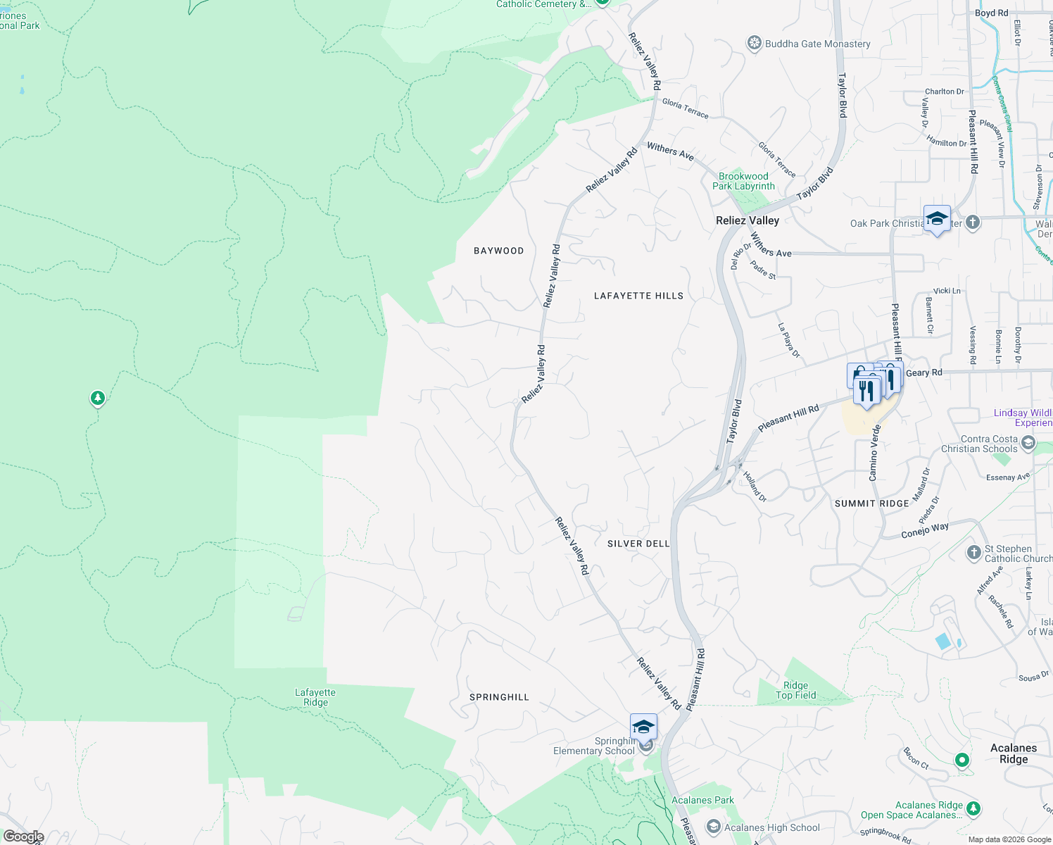 map of restaurants, bars, coffee shops, grocery stores, and more near 1604 Reliez Valley Road in Lafayette