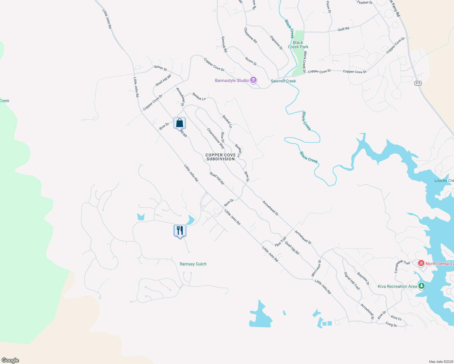 map of restaurants, bars, coffee shops, grocery stores, and more near 2767 Quail Hill Road in Copperopolis