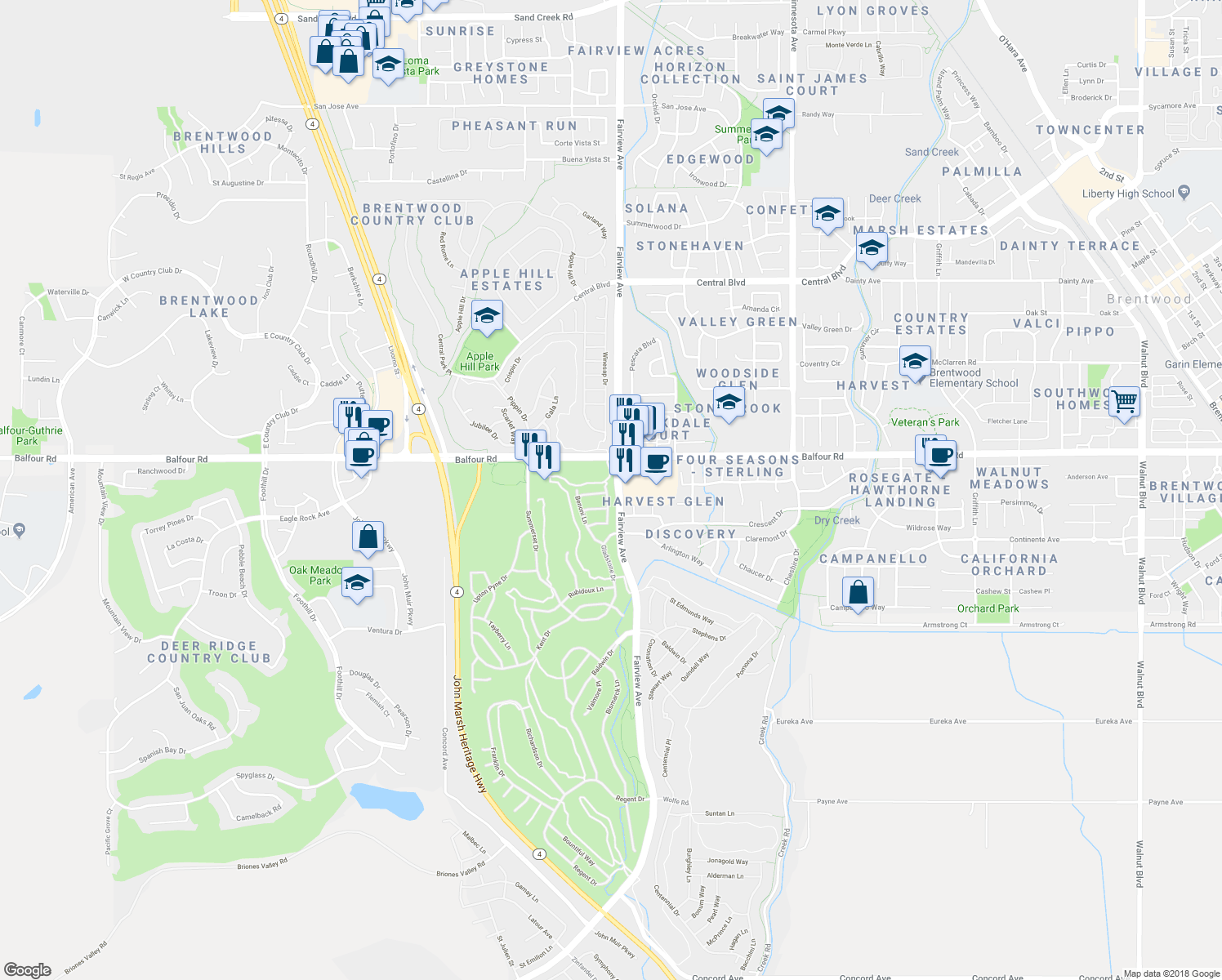 map of restaurants, bars, coffee shops, grocery stores, and more near 92 Liberty Lane in Brentwood