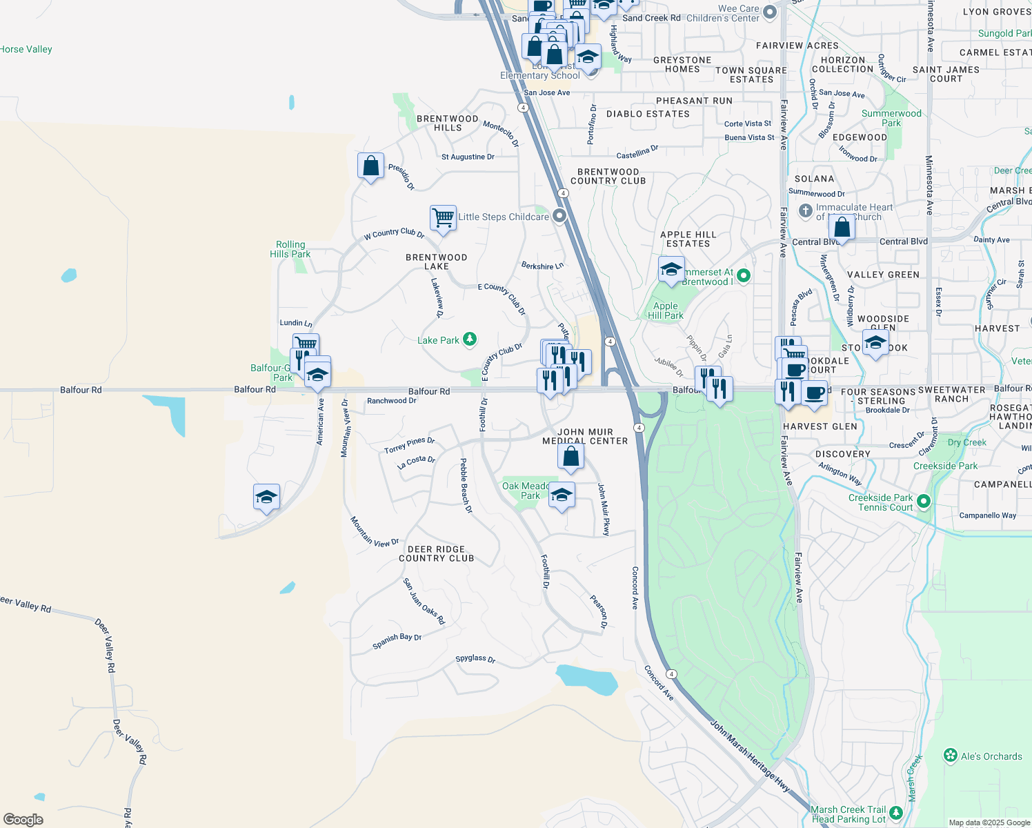map of restaurants, bars, coffee shops, grocery stores, and more near 86 Alpine Court in Brentwood