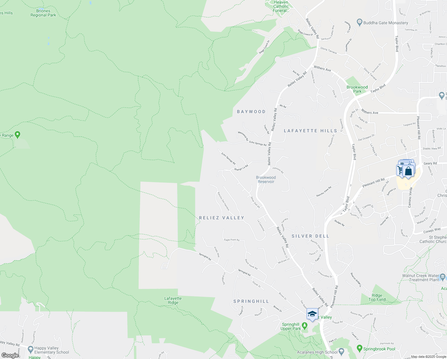map of restaurants, bars, coffee shops, grocery stores, and more near 1600 Shangri La Court in Lafayette
