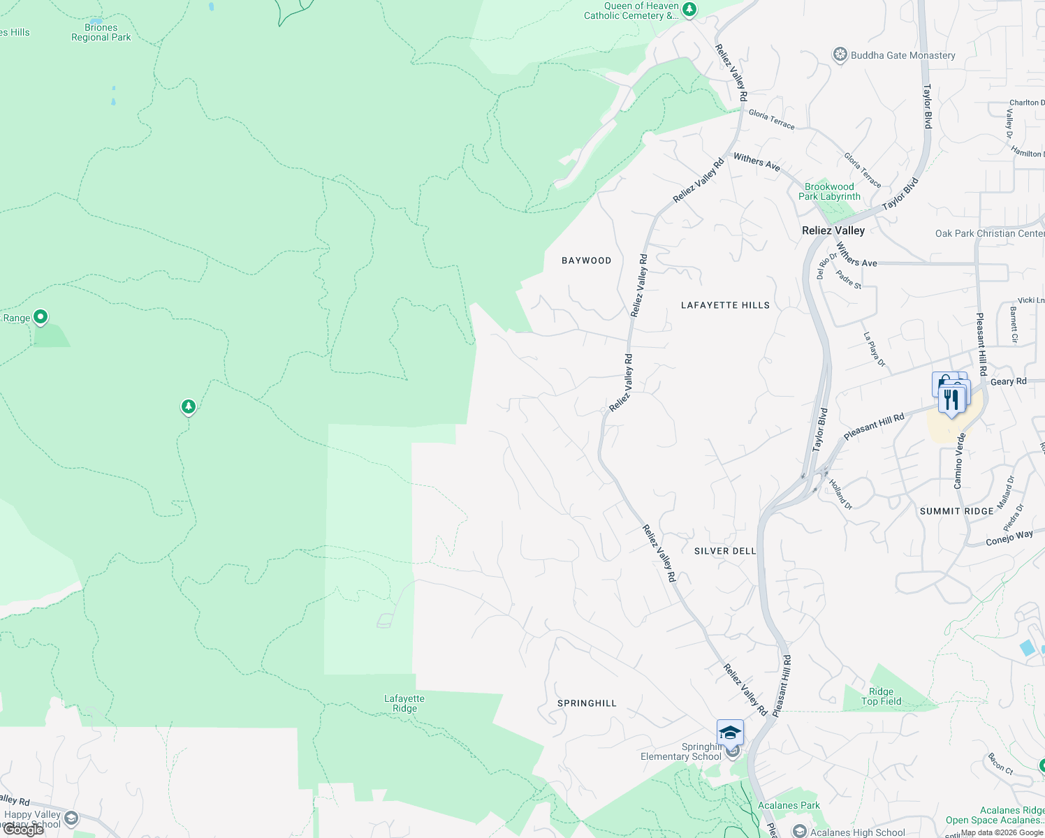 map of restaurants, bars, coffee shops, grocery stores, and more near 1600 Shangri La Court in Lafayette