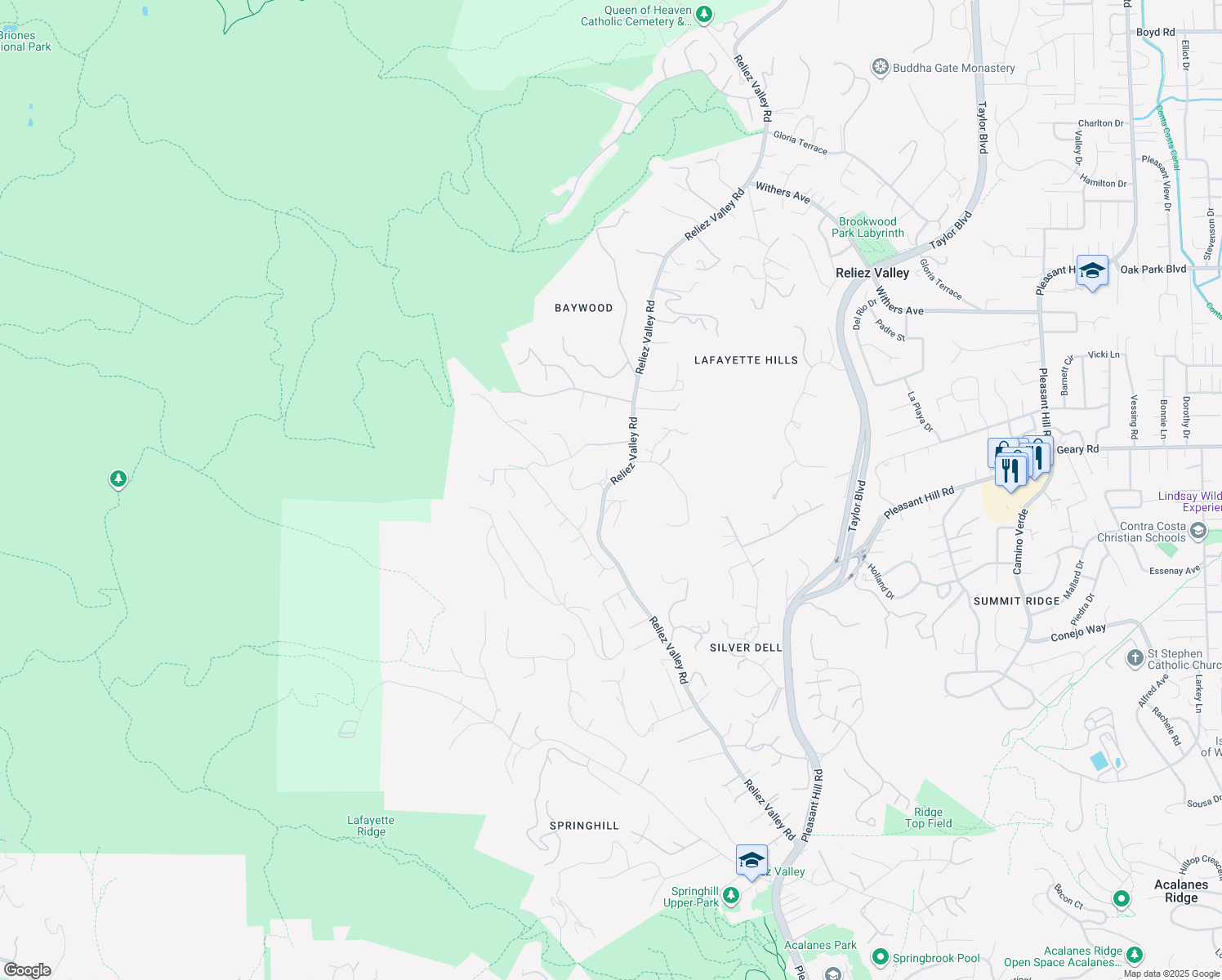 map of restaurants, bars, coffee shops, grocery stores, and more near 1604 Reliez Valley Road in Lafayette