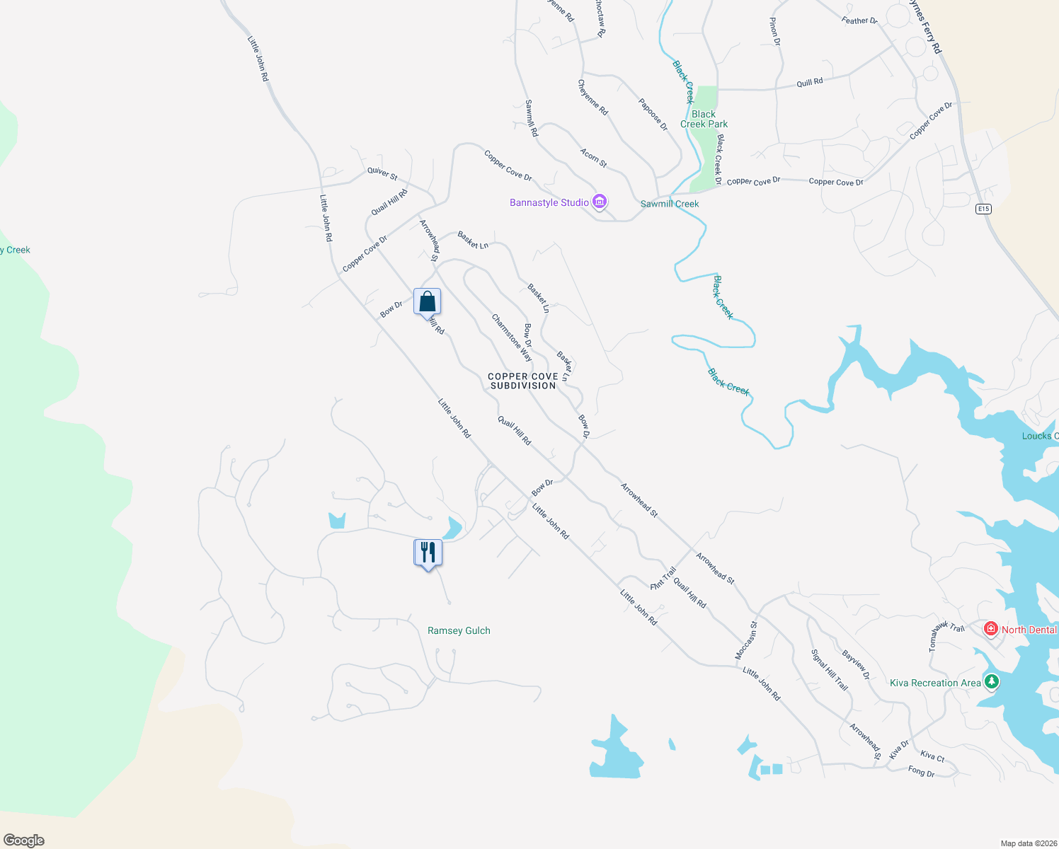 map of restaurants, bars, coffee shops, grocery stores, and more near 2767 Quail Hill Road in Copperopolis