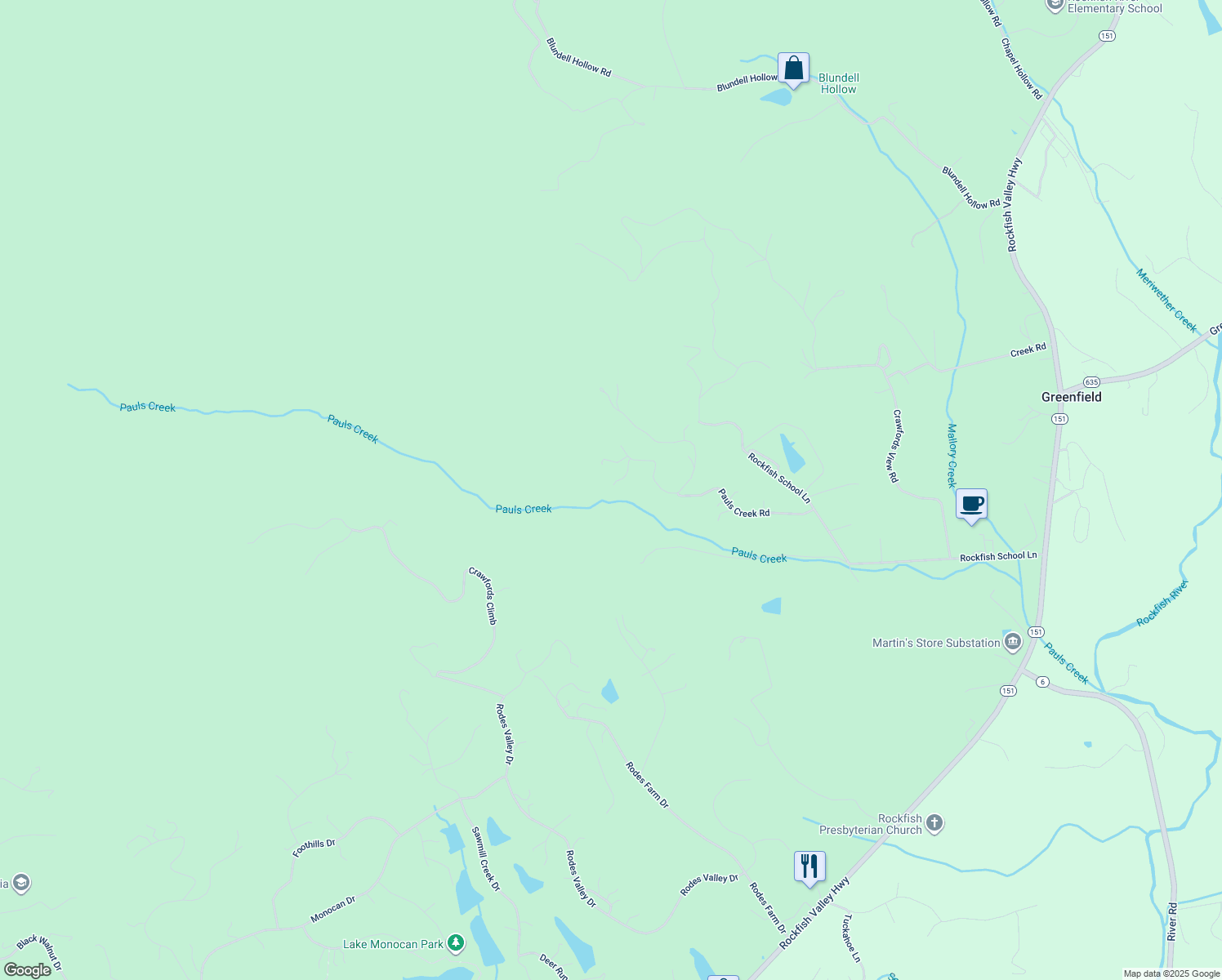 map of restaurants, bars, coffee shops, grocery stores, and more near 615 Pauls Creek Road in Afton