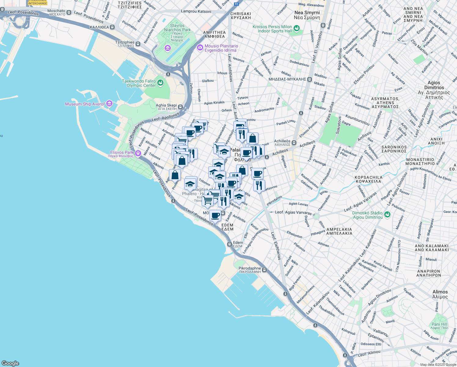 map of restaurants, bars, coffee shops, grocery stores, and more near in Palaio Faliro