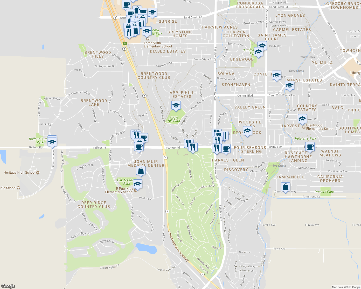 map of restaurants, bars, coffee shops, grocery stores, and more near 1800 Jubilee Drive in Brentwood