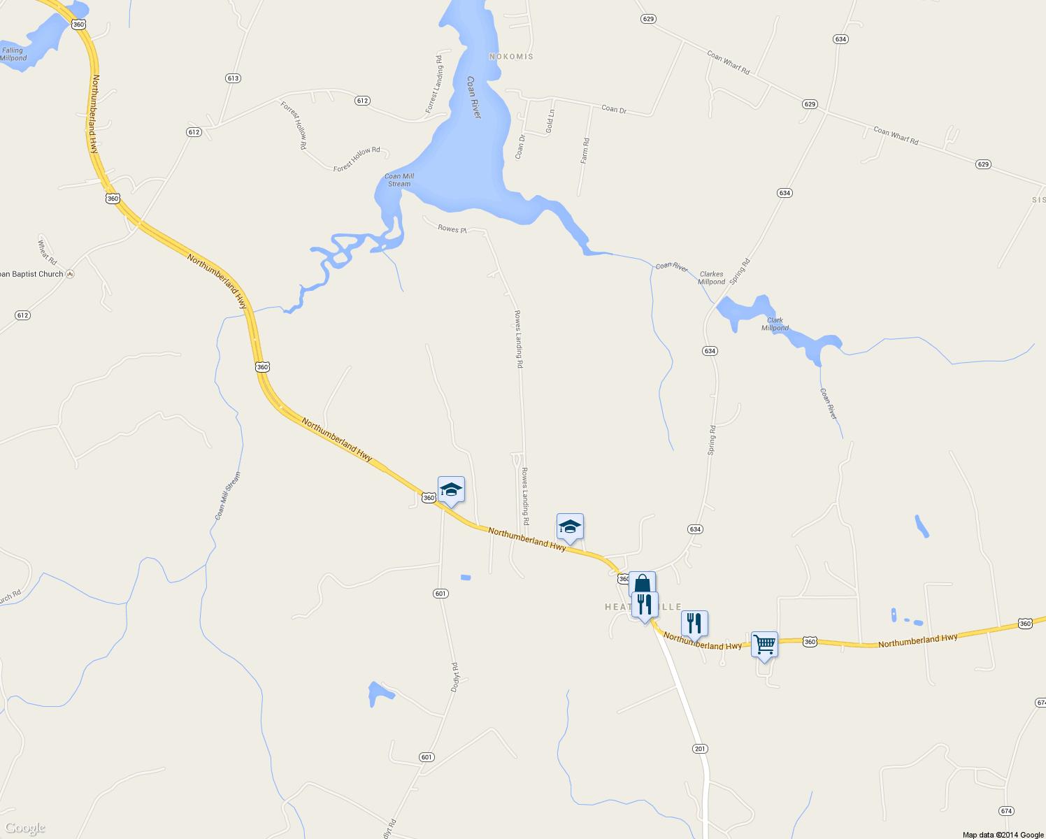 map of restaurants, bars, coffee shops, grocery stores, and more near 1086 Rowes Landing Rd in Heathsville