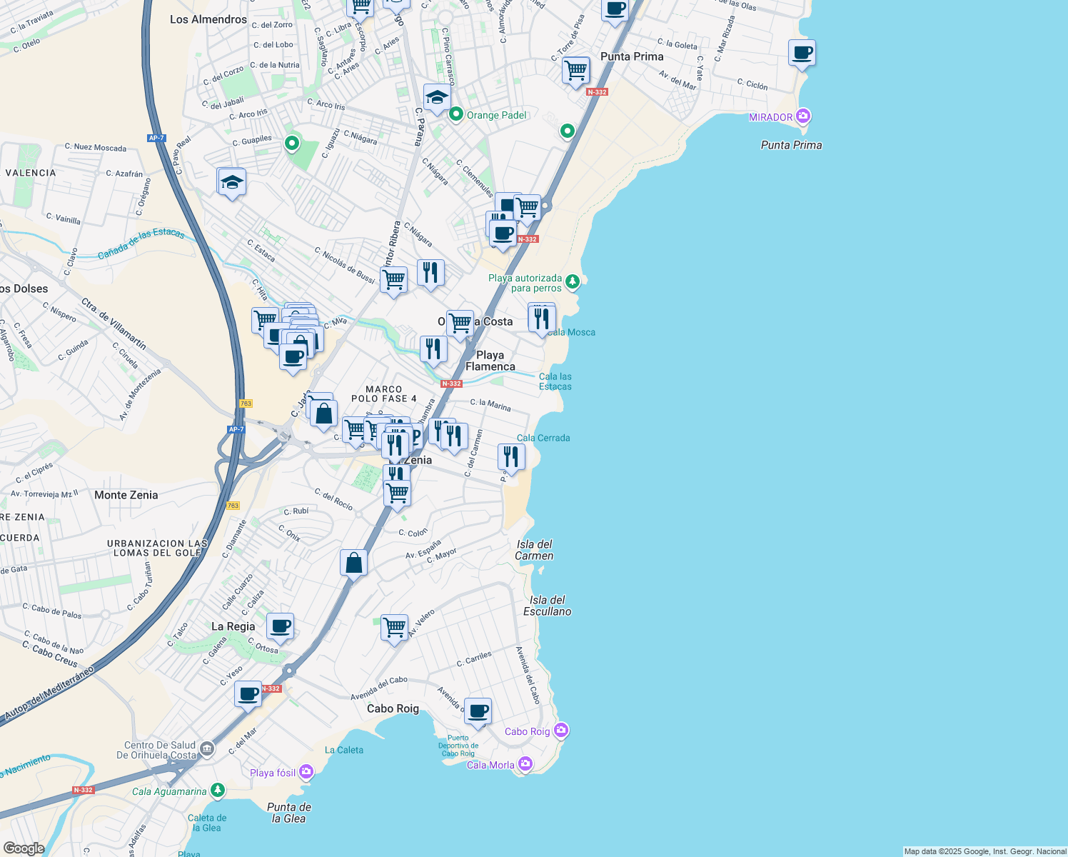 map of restaurants, bars, coffee shops, grocery stores, and more near 33 Calle la Marina in Orihuela