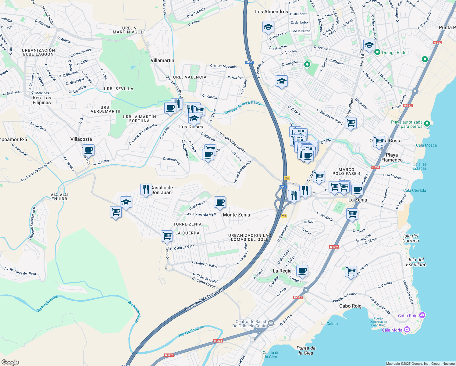 map of restaurants, bars, coffee shops, grocery stores, and more near 6 Avenida de Montezenia in Orihuela