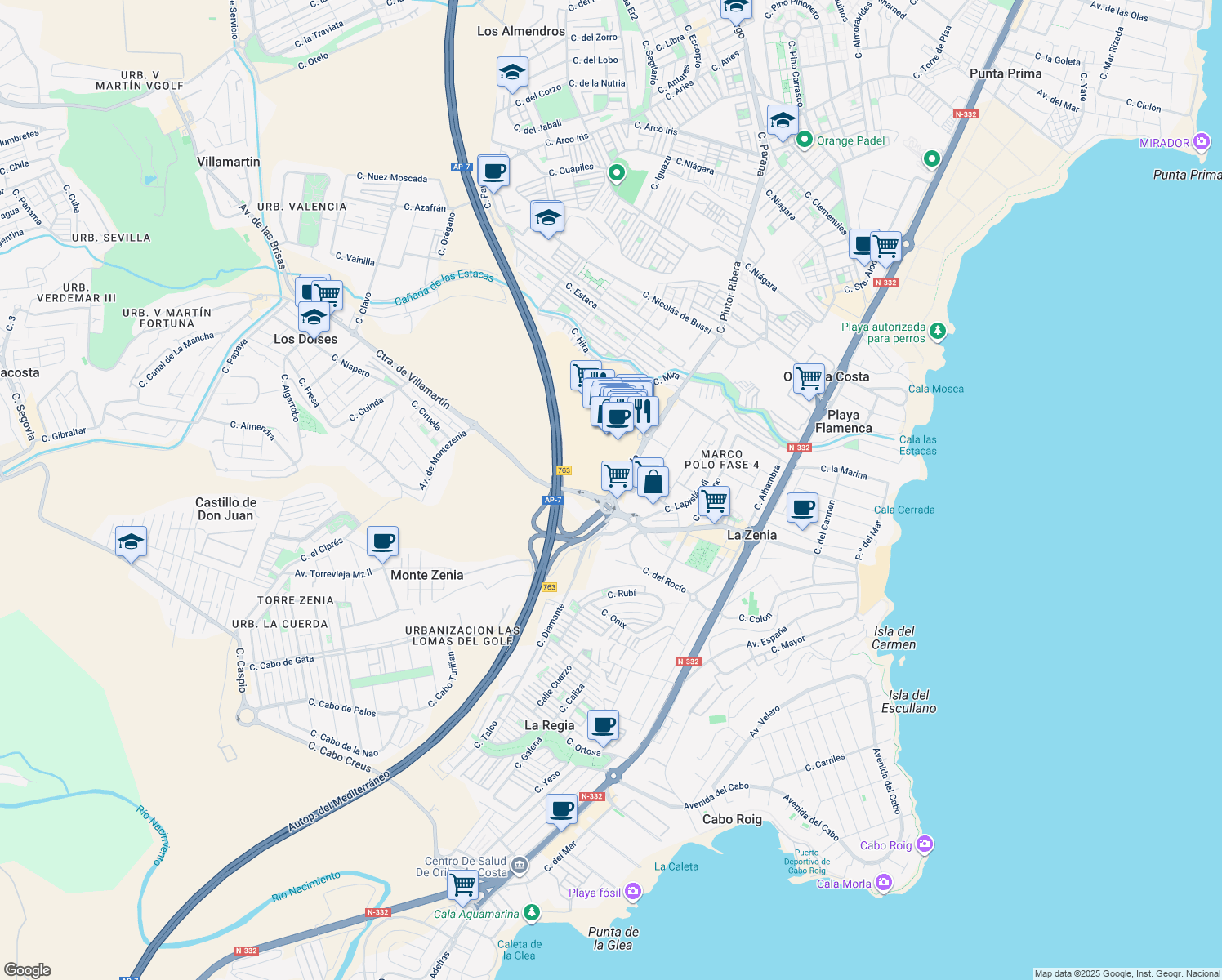 map of restaurants, bars, coffee shops, grocery stores, and more near in Alicante