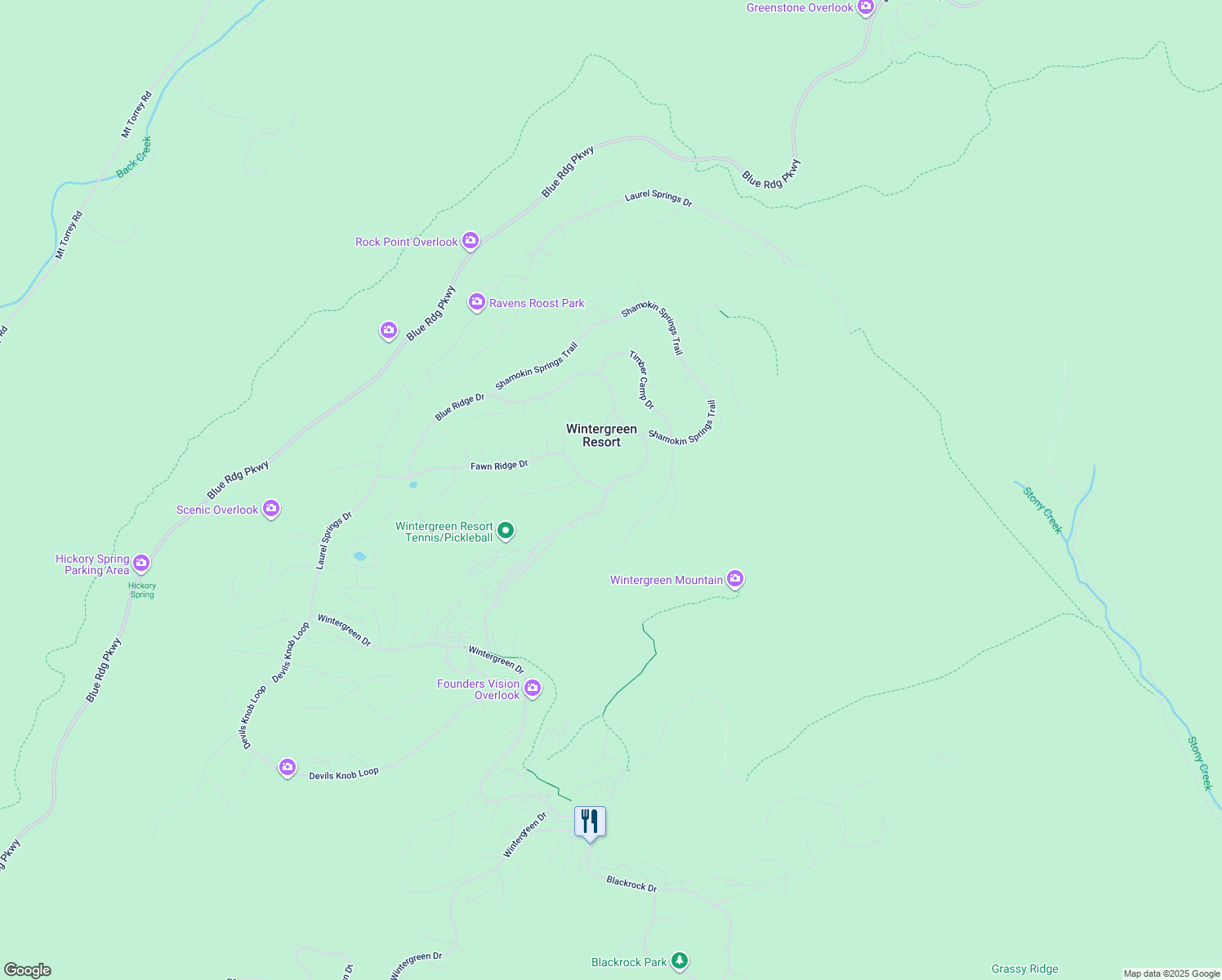 map of restaurants, bars, coffee shops, grocery stores, and more near 1808 Highridge Court in Wintergreen Resort