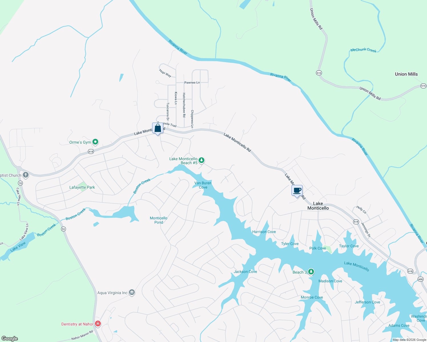 map of restaurants, bars, coffee shops, grocery stores, and more near 2 Kanawha Court in Palmyra