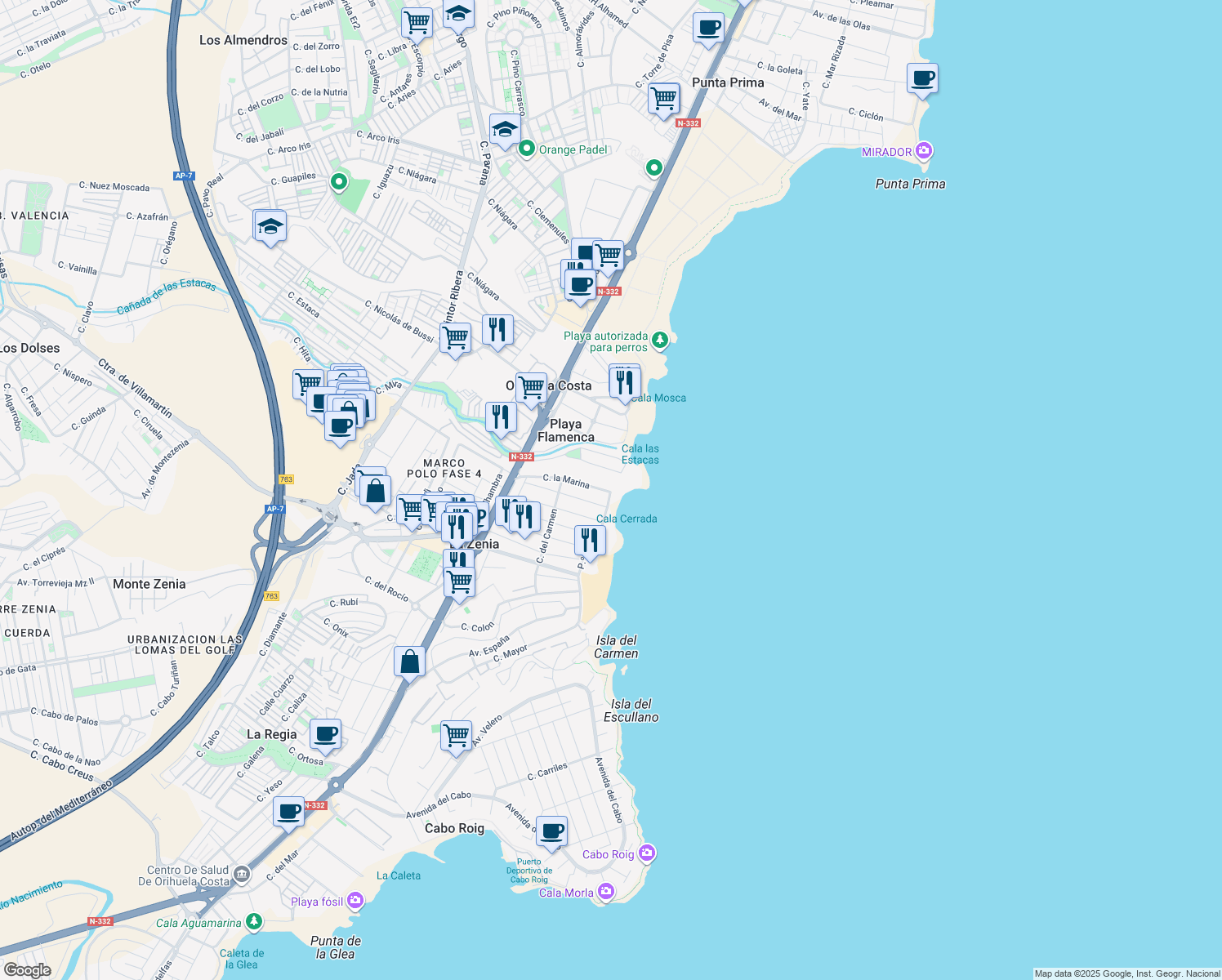 map of restaurants, bars, coffee shops, grocery stores, and more near 33 Calle la Marina in Orihuela