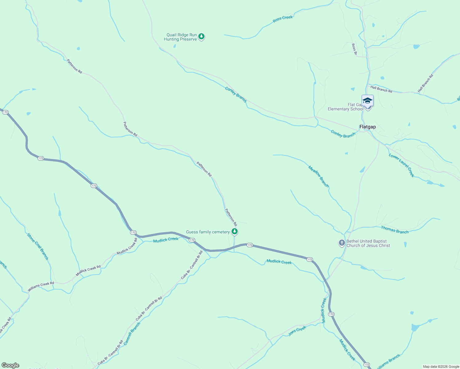 map of restaurants, bars, coffee shops, grocery stores, and more near Patterson Road in Flatgap