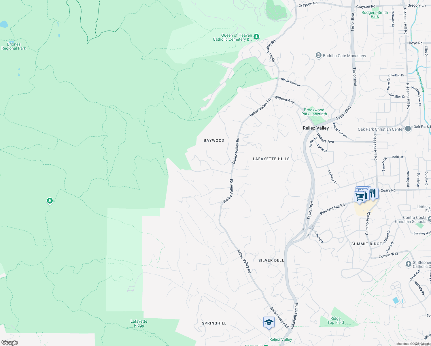 map of restaurants, bars, coffee shops, grocery stores, and more near 3437 Echo Springs Road in Lafayette
