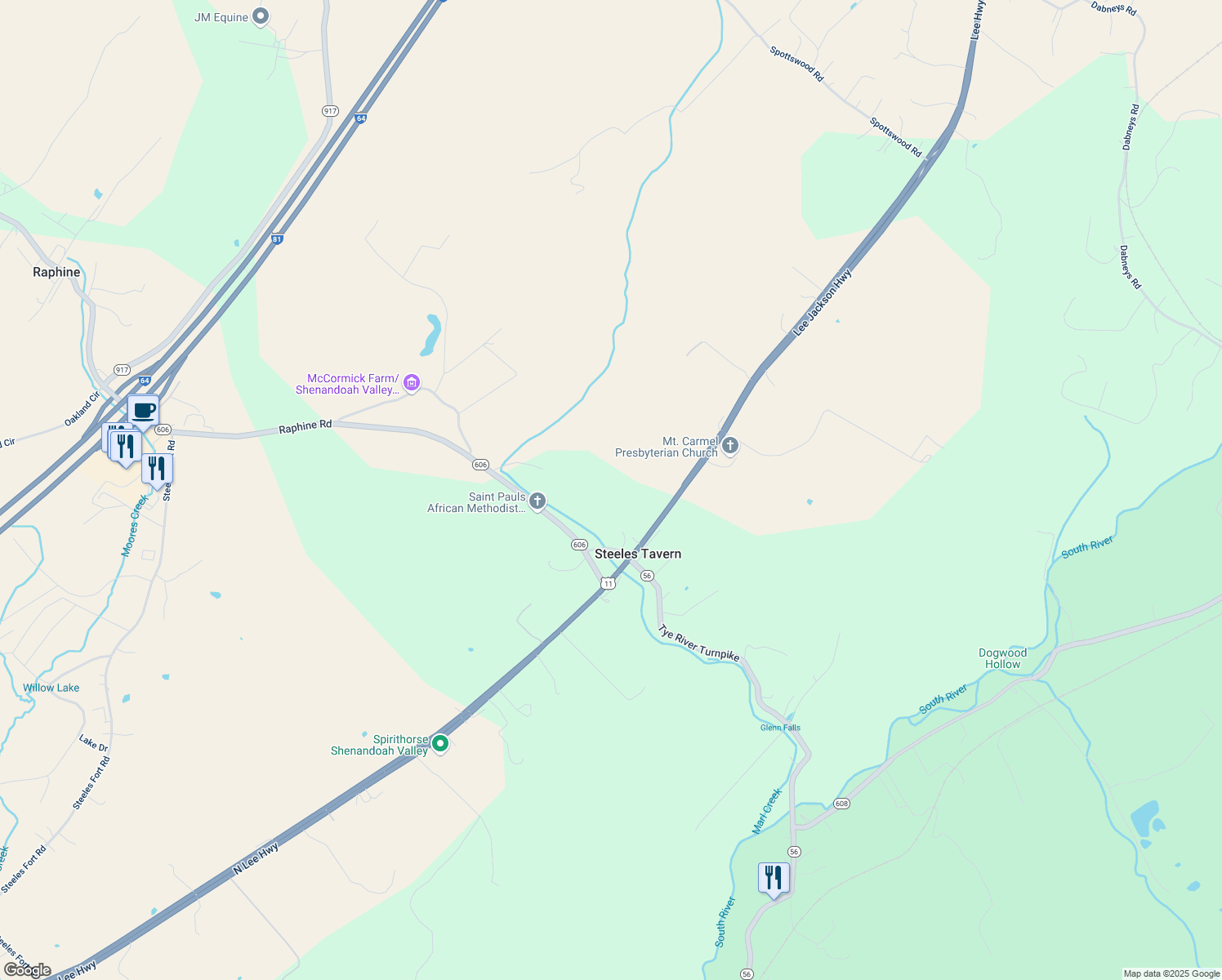 map of restaurants, bars, coffee shops, grocery stores, and more near 6531 Lee Jackson Highway in Raphine