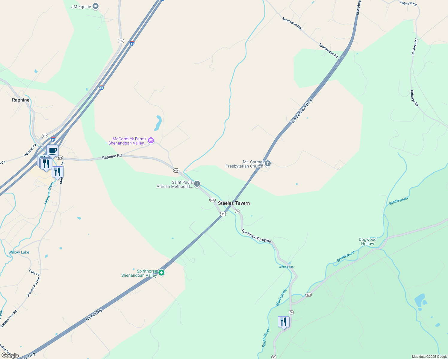 map of restaurants, bars, coffee shops, grocery stores, and more near 6531 Lee Jackson Highway in Raphine