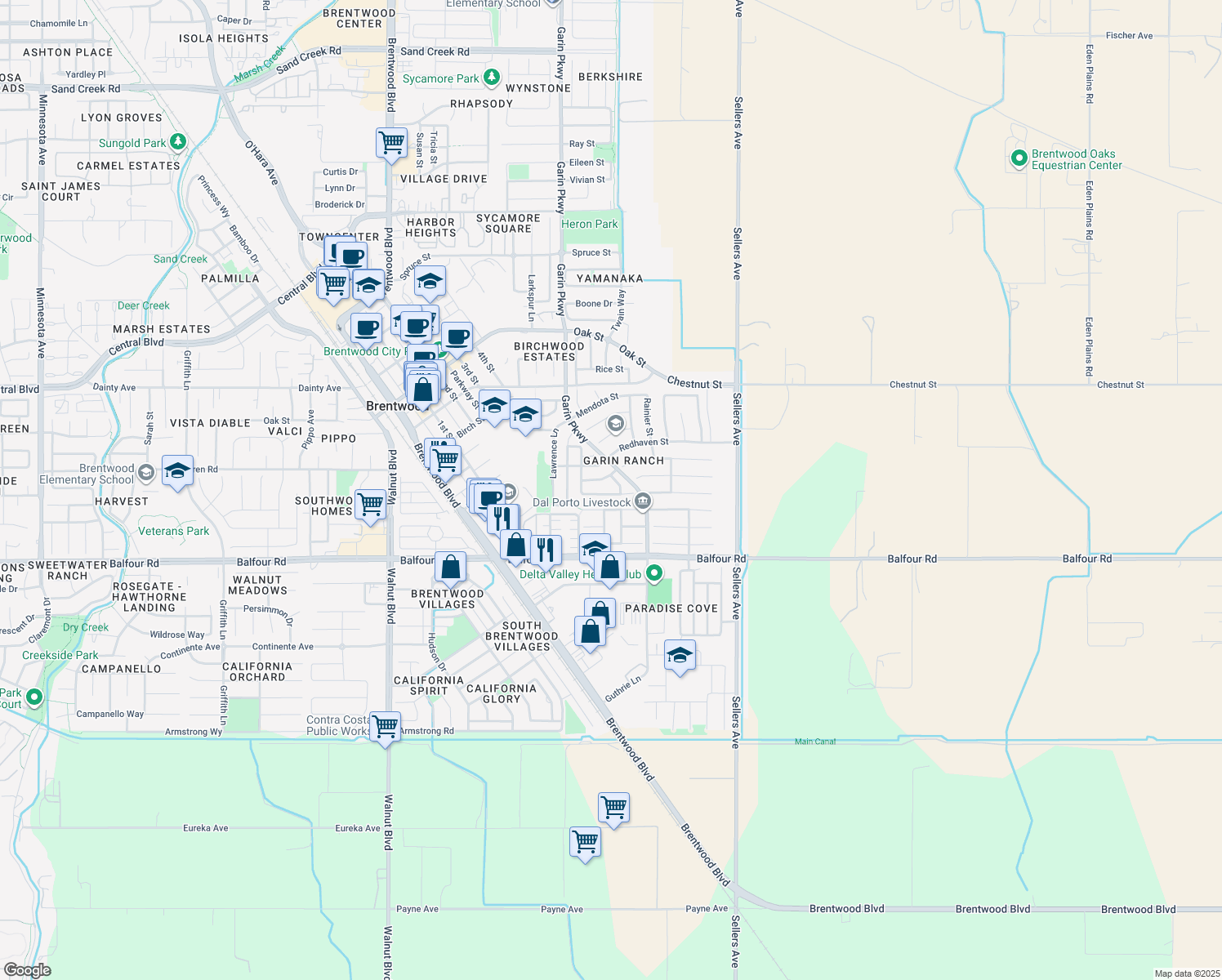 map of restaurants, bars, coffee shops, grocery stores, and more near 585 Ash Street in Brentwood