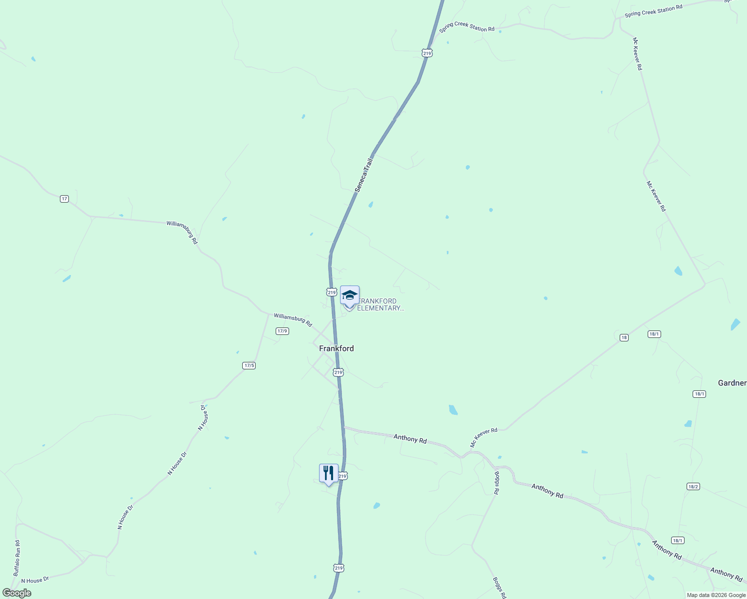 map of restaurants, bars, coffee shops, grocery stores, and more near 18160 Seneca Trail in Frankford