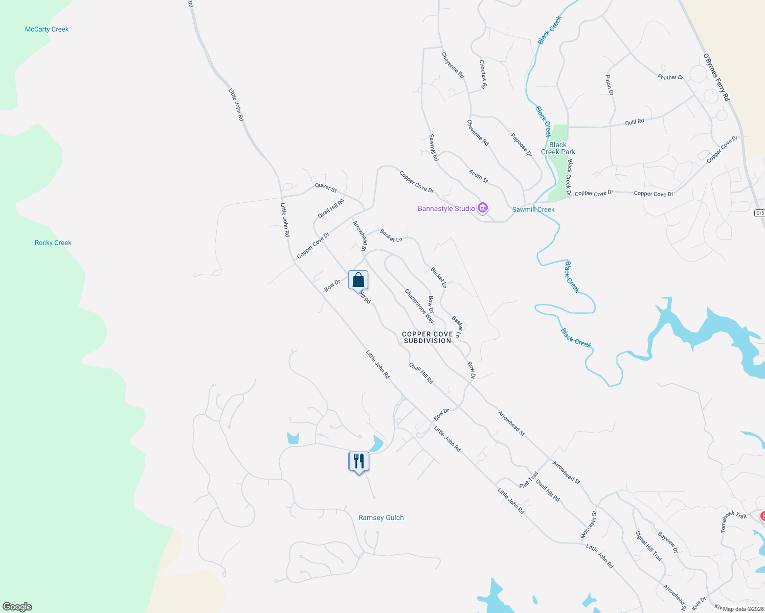 map of restaurants, bars, coffee shops, grocery stores, and more near 2403 Quail Hill Road in Copperopolis