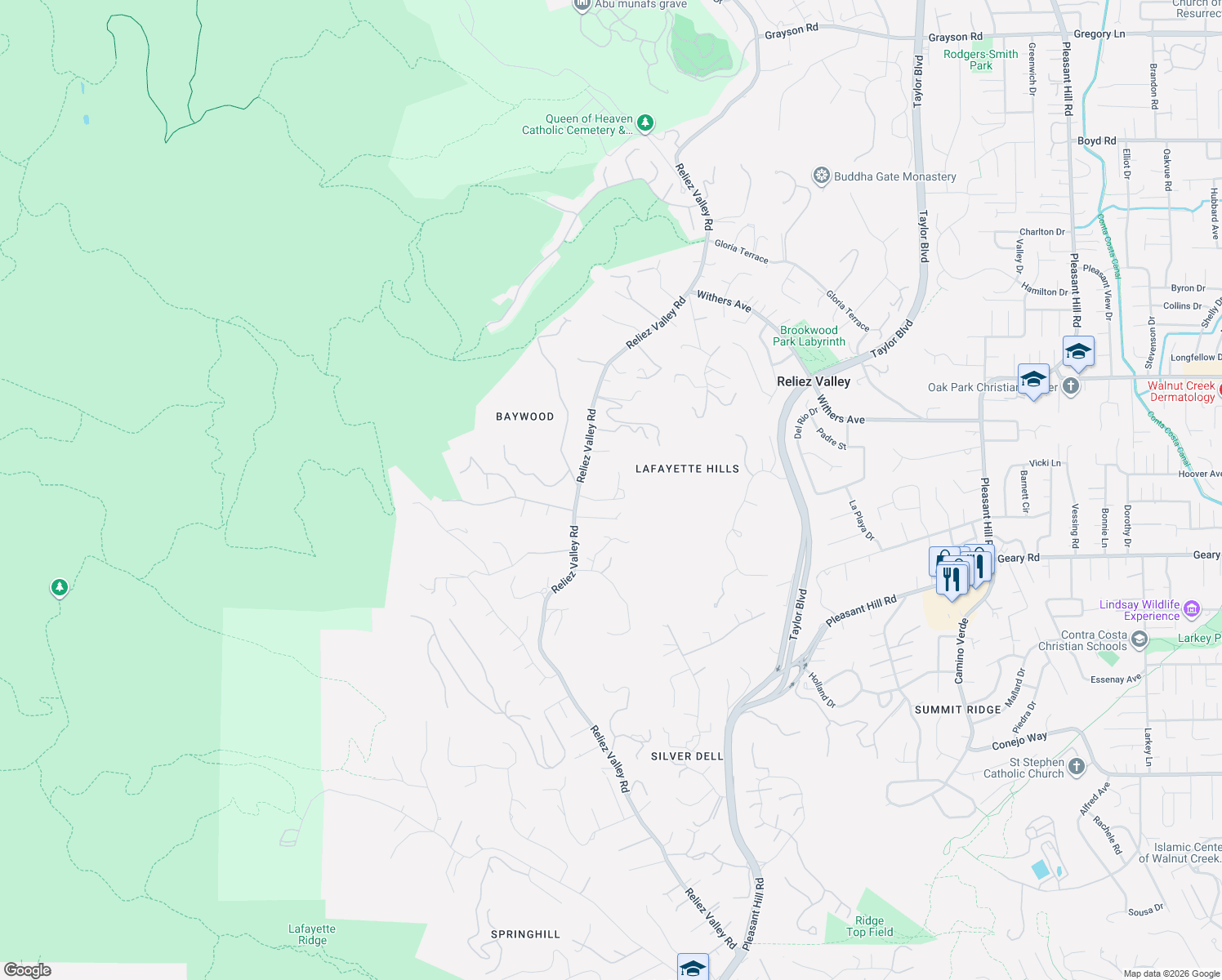 map of restaurants, bars, coffee shops, grocery stores, and more near 1698 Reliez Valley Road in Lafayette