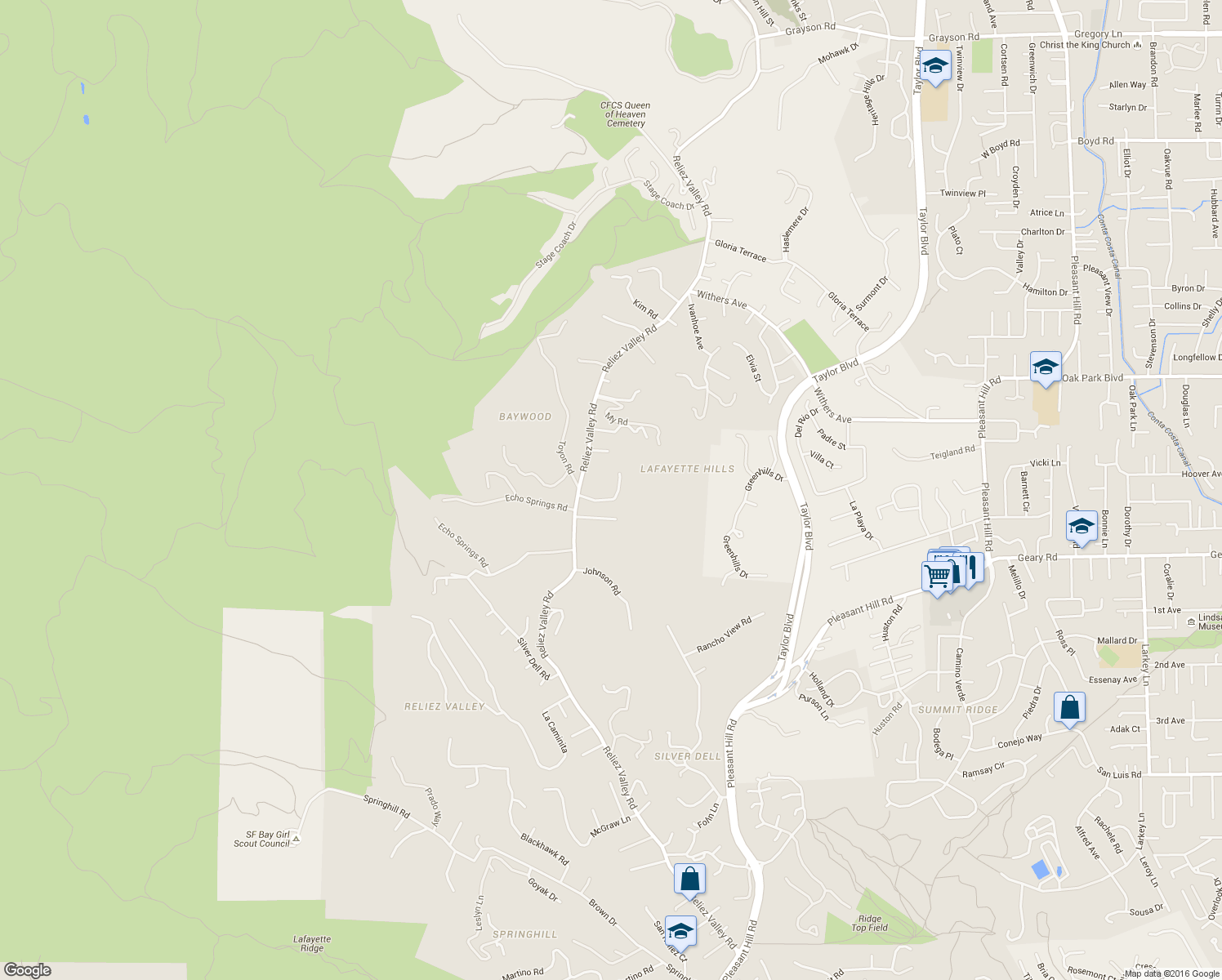 map of restaurants, bars, coffee shops, grocery stores, and more near 1698 Reliez Valley Road in Lafayette