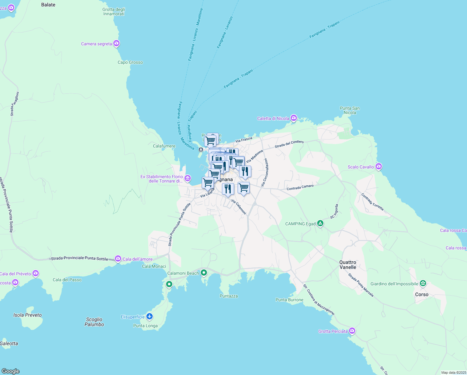 map of restaurants, bars, coffee shops, grocery stores, and more near 2 Via Esperanto in Favignana