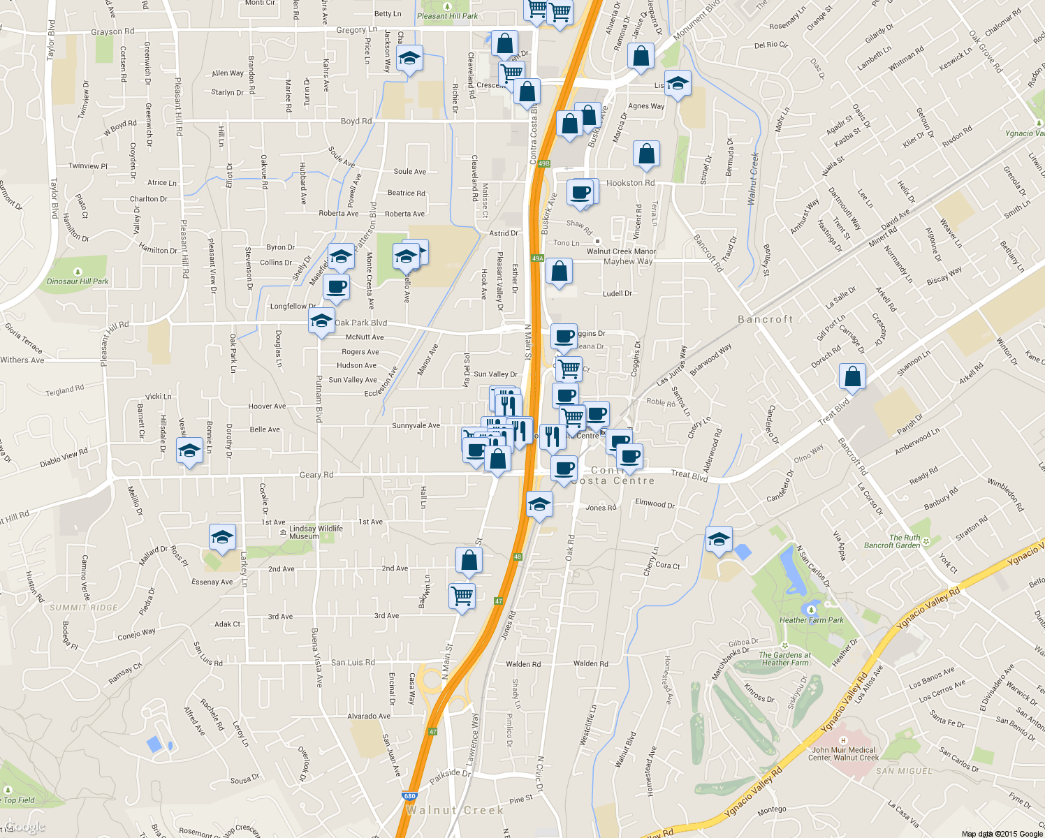 map of restaurants, bars, coffee shops, grocery stores, and more near 2984 Main St in Walnut Creek