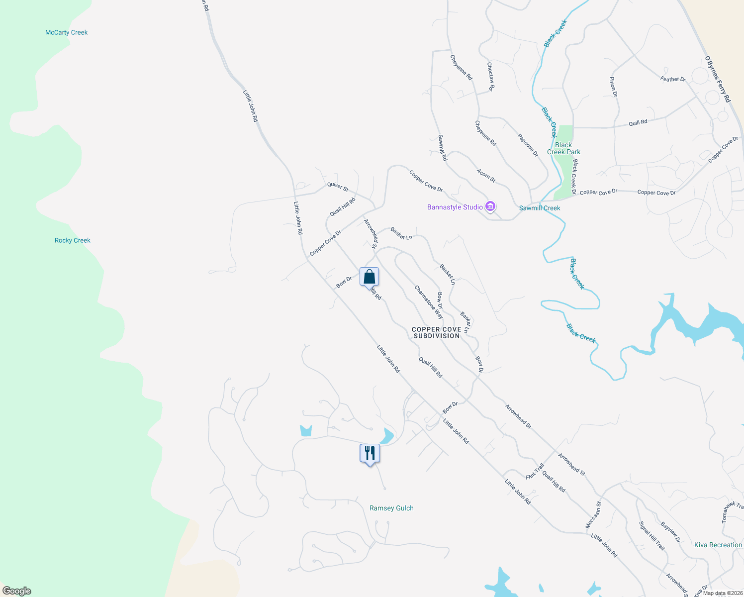 map of restaurants, bars, coffee shops, grocery stores, and more near 2360 Quail Hill Road in Copperopolis