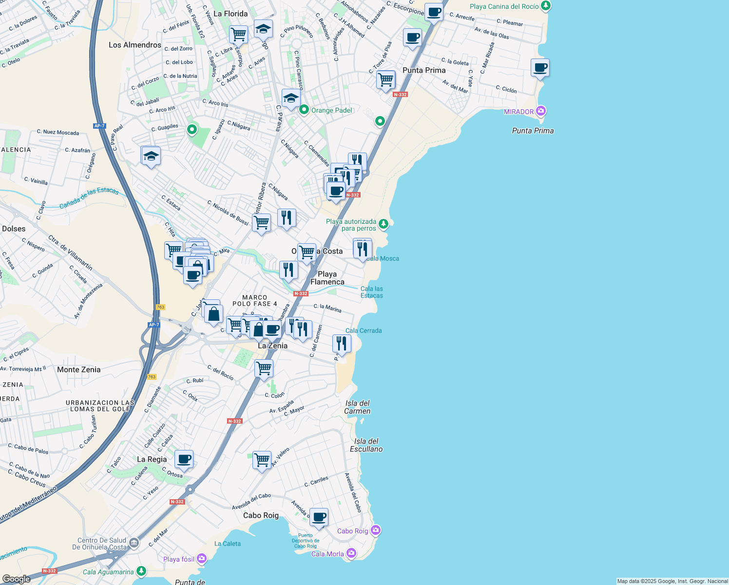 map of restaurants, bars, coffee shops, grocery stores, and more near 17 Calle de los Geranios in Orihuela