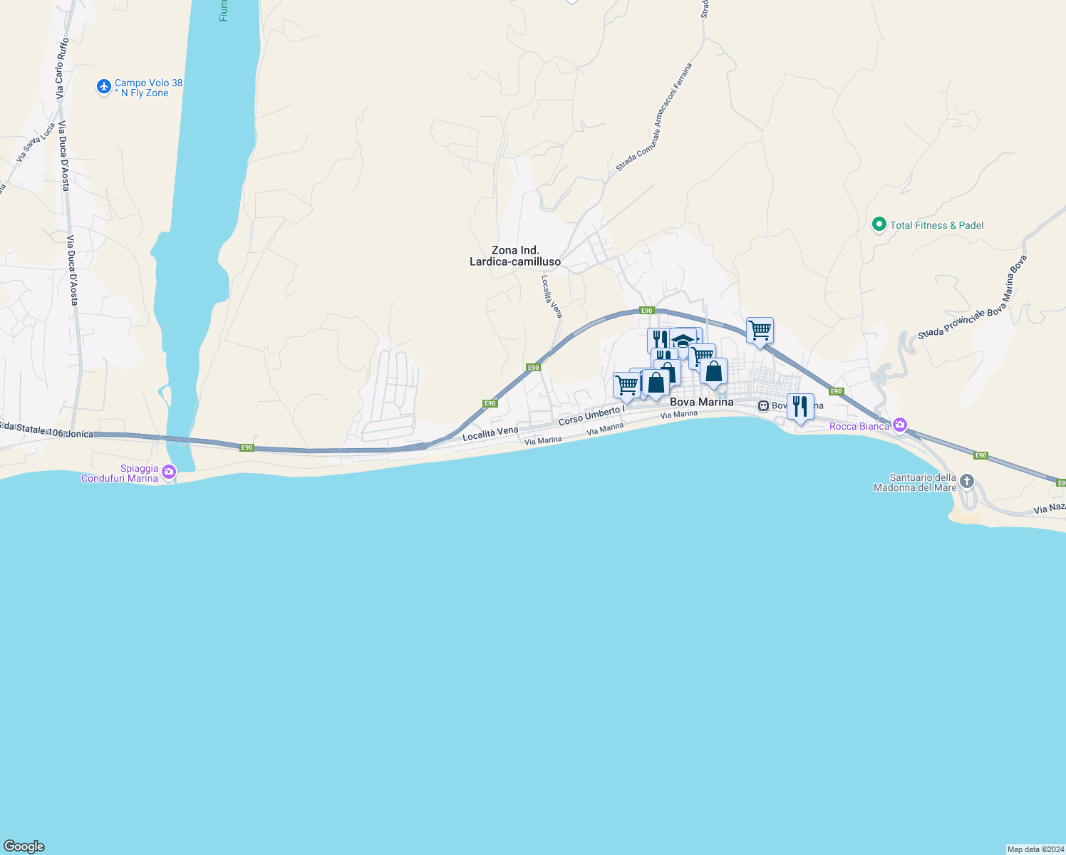 map of restaurants, bars, coffee shops, grocery stores, and more near Via Umberto I in Bova Marina