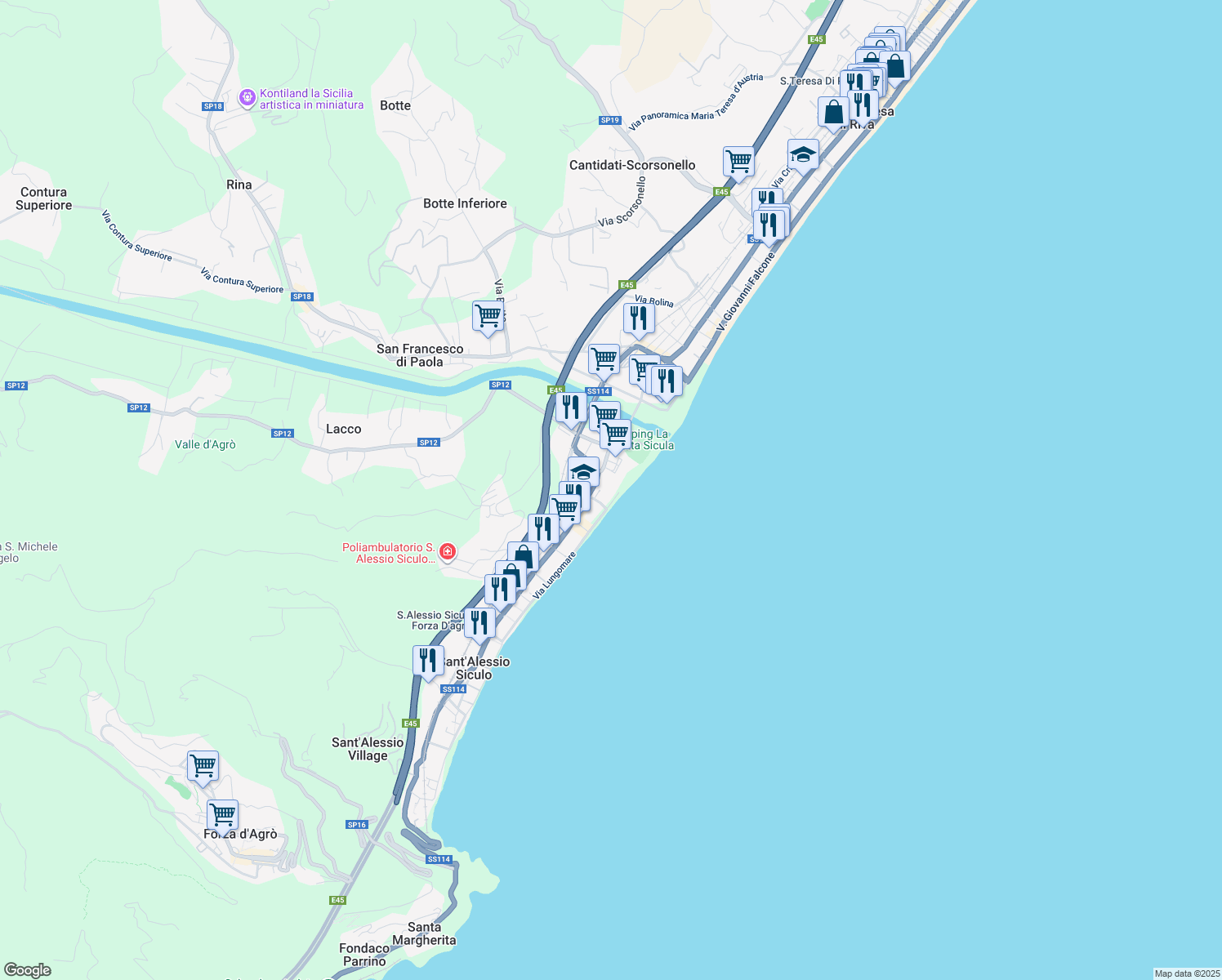 map of restaurants, bars, coffee shops, grocery stores, and more near 16 Via Lungomare in Sant'Alessio Siculo