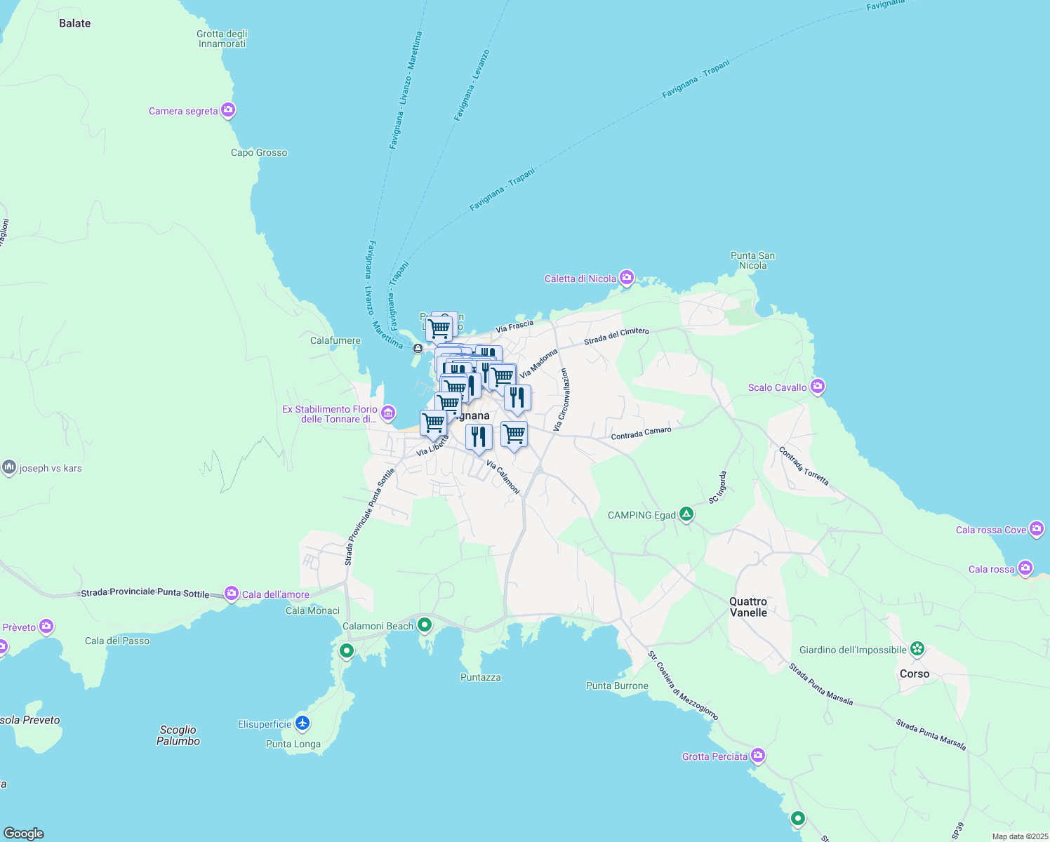 map of restaurants, bars, coffee shops, grocery stores, and more near 2 Via Esperanto in Favignana
