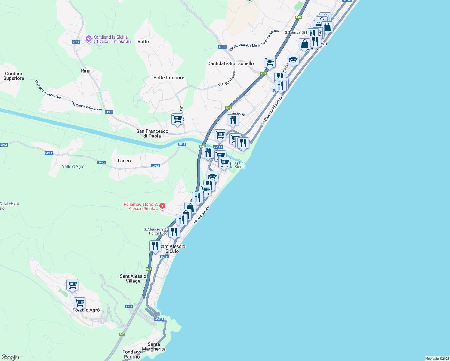 map of restaurants, bars, coffee shops, grocery stores, and more near 16 Via Lungomare in Sant'Alessio Siculo